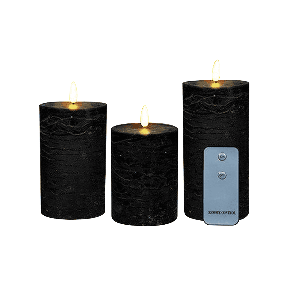 KAARS 3D 10/12.5/15CM ZWART 3 stuks KAARS 3D 10/12.5/15CM ZWART 3 stuks - LED Kaarsen met afstandsbediening