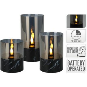 LED Kaars in glas - set van 3 stuks marmer zwart/grijs - LED Kaarsen in glas - Kaars.nl